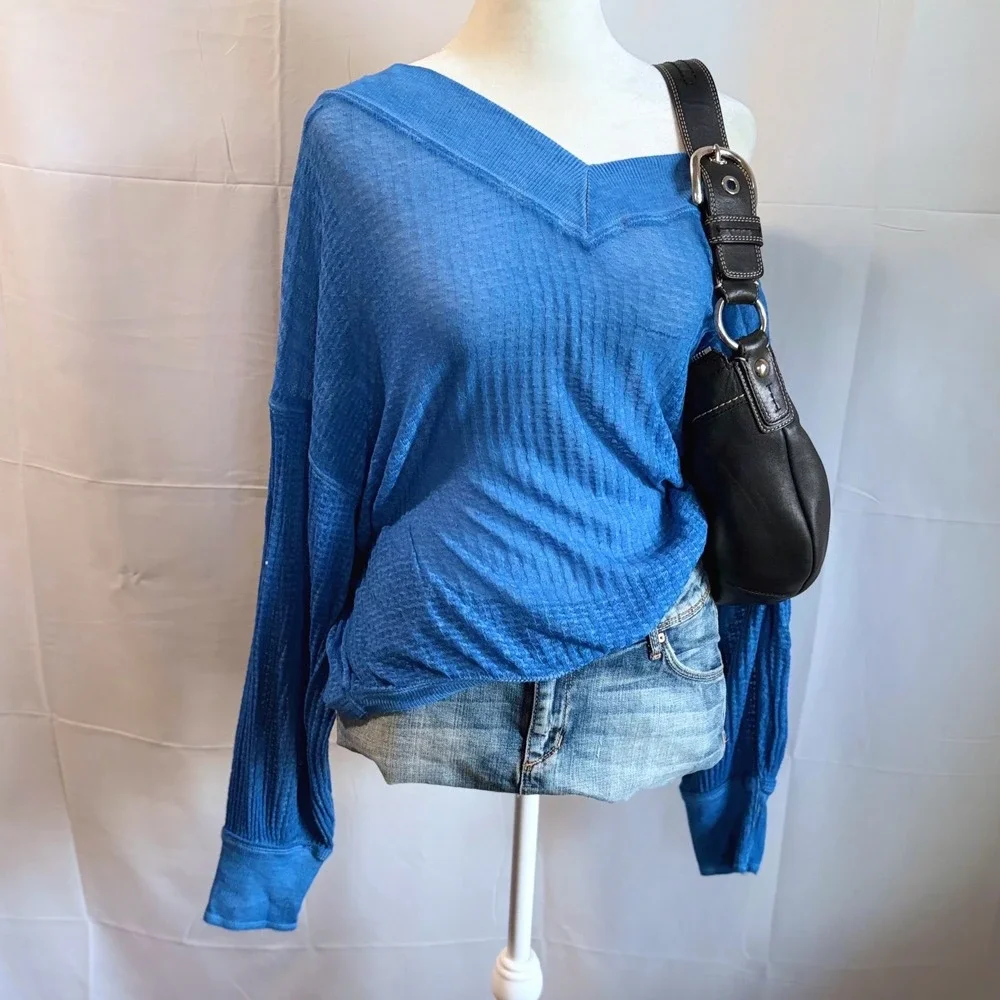 We The Free Free People Blue Waffle Knit Off Shoulder Thermal Top XS 0361